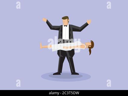 Magier trägt schwarze Fliege und Smoking Durchführung Zaubertricks machen eine Frau in der Luft schweben. Vektor-Illustration isoliert auf unifarben lila hintergr Stock Vektor