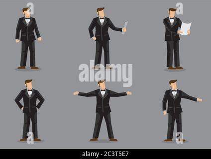 Set von sechs Vektor-Illustration von Cartoon Mann Charakter in formellen schwarzen Anzug mit Fliege in verschiedenen Gesten isoliert auf grauem Hintergrund. Stock Vektor