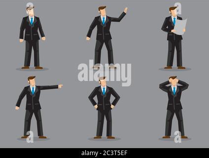 Set von sechs Vektor-Illustrationen von gesichtslosen businesssperson in schwarzem Vollanzug und blauen Hals Krawatte in verschiedenen Gesten und Emotionen isoliert auf schlichten g Stock Vektor