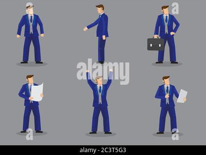 Satz von sechs Vektor-Illustration der Geschäftsmann tragen helle blaue formale dreiteilige Anzug in verschiedenen Gesten auf grauem Hintergrund isoliert. Stock Vektor