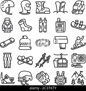 Snowboardausrüstung Symbole gesetzt. Umrisse von snowboardausrüstung Vector Icons für Web Design auf weißem Hintergrund Stock Vektor