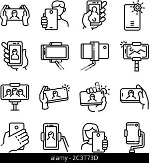 Selfie Icons Set. Gliederungsset von selfie-vektorsymbolen für Webdesign isoliert auf weißem Hintergrund Stock Vektor