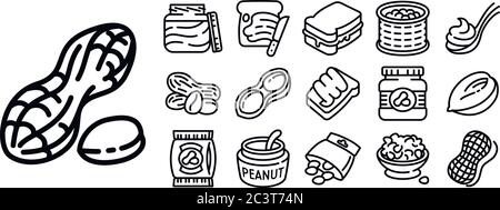Erdnuss-Symbole gesetzt. Umreißt die Erdnussvektorsymbole für das Webdesign auf weißem Hintergrund Stock Vektor