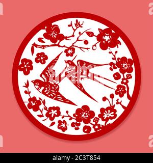 Vektor Chinesisch klassisch Blau traditionelle Papier Schneiden oder Porzellan Nahtloses Muster. Schwalbenvogel- Und Blumenmuster. Stock Vektor