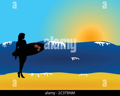 Hand gezeichnet weibliche Surfer Schwarz Silhouette Halten EIN dekoriertes Surfbrett mit roten Blumen über Wellen Sand und Himmel mit Sonne Hintergrund Stock Vektor