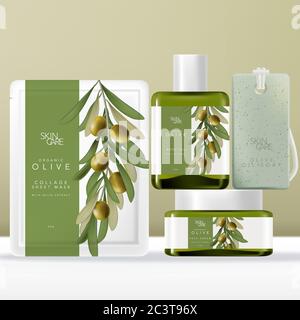 Vector Olivenöl Beauty-Verpackung Set mit Gesichtsmasken Beutel, Packung oder Beutel, getöntes grünes Glas Serum Flasche & Glas, Seife auf Seil. Olivdarstellung Stock Vektor