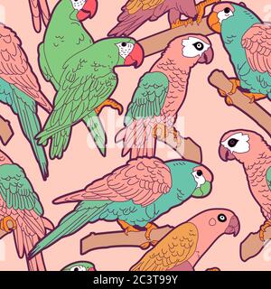 Vektor Pastell Papageien Vögel Nahtloses Muster, Rosa & Türkis Themenfarbe. Stock Vektor