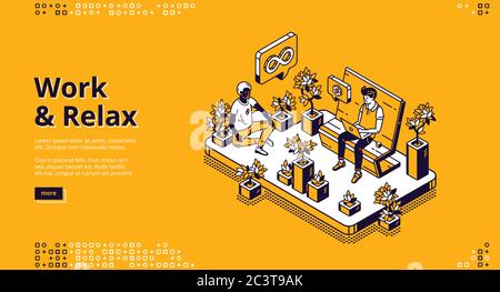Arbeiten und entspannen isometrische Landing Page, Geschäftsleute arbeiten auf Laptop sitzen auf Bank im Park und meditieren in Lotushaltung zwischen Pflanzen. Yoga Entspannung im Büro, 3d Vektor Linie Kunst Web Banner Stock Vektor