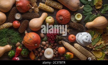 Flacher Thanksgiving-Tag mit Kürbis, Wein und Gemüse der Saison, Nahaufnahme Stockfoto