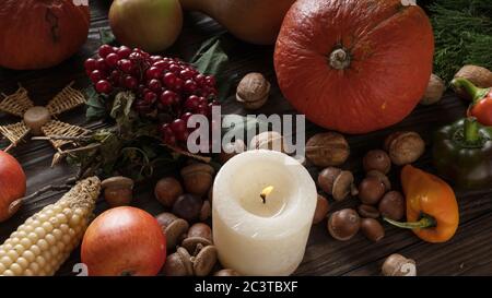 Rahmen mit saisonalen Zutaten in Thanksgiving Day. Food Frame, Nahaufnahme Stockfoto