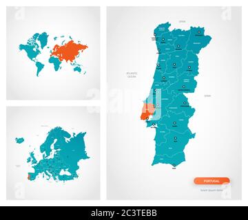 Editierbare Vorlage der Karte von Portugal mit Marken. Portugal auf der Weltkarte und auf der Europakarte. Stock Vektor