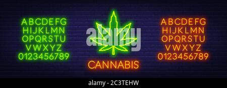 Cannabis Neon-Zeichen auf Backstein Wand Hintergrund. Neon-Alphabet . Stock Vektor