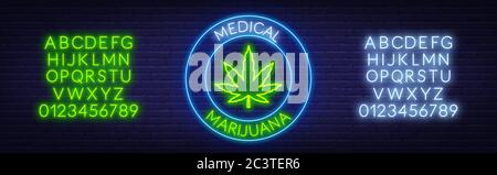 Medizinisches Marihuana Neon-Schild. Neon Alphabet auf Backstein Wand Hintergrund. Stock Vektor