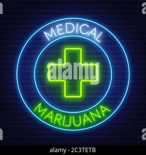 Medizinisches Marihuana Neon-Schild auf dem Backsteinwand Hintergrund. Stock Vektor