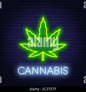 Cannabis Neon-Zeichen auf Backstein Wand Hintergrund. Stock Vektor