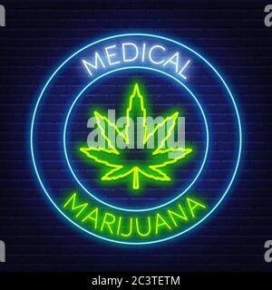 Medizinisches Marihuana Neon-Schild auf dem Backsteinwand Hintergrund. Stock Vektor