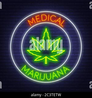 Medizinisches Marihuana Neon-Schild auf dem Backsteinwand Hintergrund. Stock Vektor