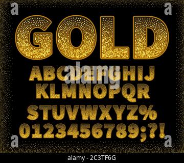 Vintage Gold Sans Serifenschrift auf schwarzem Hintergrund. Großbuchstaben mit Zahlen. Stock Vektor