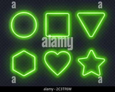 Set von grün leuchtenden Neon-Rahmen auf dunklem Hintergrund. Stock Vektor