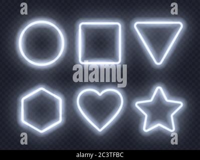 Set von weiß leuchtenden Neon-Rahmen auf dunklem Hintergrund. Stock Vektor