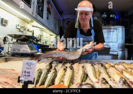 Swansea, Wales, Großbritannien. Juni 2020. Der Fischhändler Graham Jelf an seinem Stand auf dem Swansea Indoor Market, wo nicht unbedingt erforderliche Geschäfte Wales mit sozialer Distanzierung öffnen, während Geschäfte in ganz Wales zum ersten Mal seit Einführung von Coronavirus-Beschränkungen ihre Türen für Käufer öffnen. Es ist eine Woche später, seit nicht-wesentliche Geschäfte in England eröffnet. Kredit : Robert Melen/Alamy Live Nachrichten Stockfoto