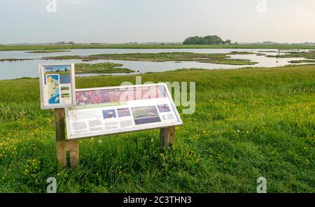 Übersicht über das Naturschutzgebiet Ottersaat mit Infotafel, Niederlande, Texel, Ottersaat Stockfoto