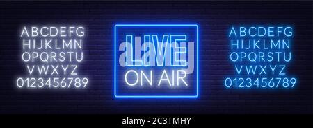 Live on air neon glühende Zeichen auf Backsteinmauer Hintergrund. Vorlage für Design. Neon-Alphabet . Stock Vektor