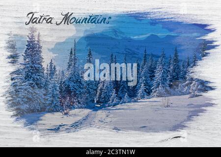 Aquarell der Tatra im Winter, Polen Stockfoto