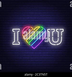 Ich liebe dich Neon-Schriftzug. Das Herz ist in den Farben der LGBT-Community gemalt. Stock Vektor