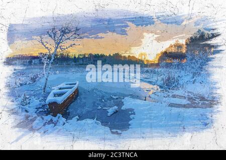Boot auf dem verschneiten See im Winter, Aquarell Stockfoto