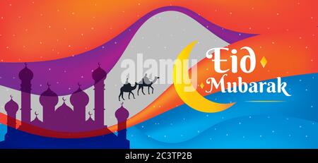 Eid Mubarak buntes Grußwunschposter mit Kamelen und Männern, Illustration Vektor, editierbar Stock Vektor