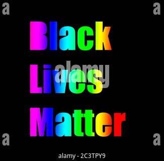 Schwarz lebt Materie Text und Regenbogen-Lettering-Karte auf dunklem Hintergrund mit weißen Buchstaben, Stockfoto