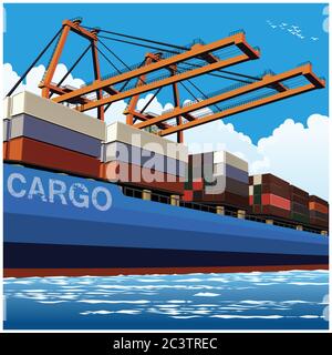 Verladung von Containern durch Hafenkrane auf einen großen Containerträger Stock Vektor