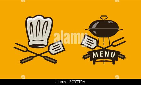 BBQ, Grill Logo oder Etikett. Menügestaltung für Café und Restaurant Stock Vektor