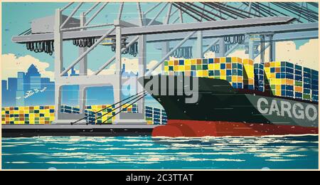 Große Hafenkrane laden Containerschiffe im Hafen tagsüber im Retro-Poster-Stil Stock Vektor