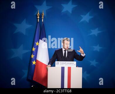 Belgien, Brüssel, 13. Dezember 2019: Präsident der Französischen Republik Emmanuel Macron bei einer Pressekonferenz im Rahmen des EU-Gipfels Stockfoto