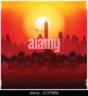 Illustration der Stadt und Palmen bei Sonnenuntergang retro Poster. Bei Bedarf nahtlos horizontal Stock Vektor