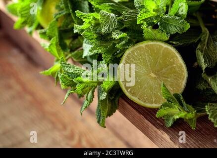 Frische grüne Minze und Limetten auf einem alten Holztisch. Kopierbereich. Stockfoto