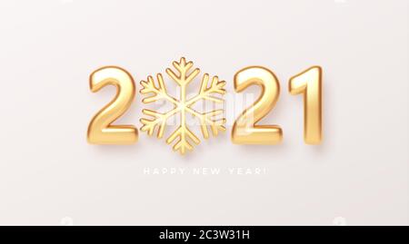 Gold realistischer Metallic Text 2021 mit goldener Schneeflocke. Vektorgrafik Stock Vektor