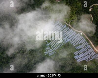 (200622) -- HEFEI, 22. Juni 2020 (Xinhua) -- Luftfoto vom 20. Juni 2020 zeigt Teeplantagen und Photovoltaik-Kraftprojekte, die zur Armutsbekämpfung im Dorf Gaowan im Bezirk Jinzhai, ostchinesische Provinz Anhui, errichtet wurden. Cai Qiyan genießt den Blick auf die fließenden Wolken von einer der Teeplantagen auf den Bergen. Aber der Spaß war auch ein Luxus für den 15-Jährigen, der mit angeborener Skoliose diagnostiziert wurde. Von Anfang an hatte Qiyan es extrem schwierig gefunden, ihre Wirbelsäule aufrecht zu halten. In der Tiefe des Dabie-Gebirges musste Qiyan zwei Stunden auf dem Weg dorthin verbringen Stockfoto