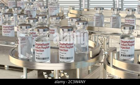 Dexamethason auf einer Produktionslinie in einer pharmazeutischen Fabrik. 3D-Illustration. Stockfoto
