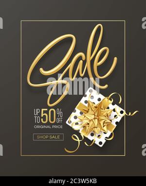 Realistische Metallic Gold Inschrift Sale auf dem Hintergrund mit einer Geschenkbox und einer goldenen Schleife. Design-Vorlage für Banner, Gutschein, Poster, Flyer Stock Vektor