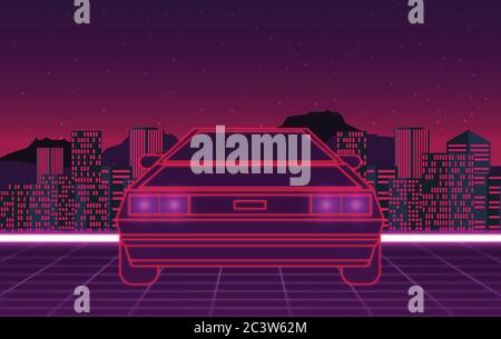 Retro Zukunft, 80er Jahre Stil Sci-Fi Hintergrund. Futuristisches Auto. Stock Vektor