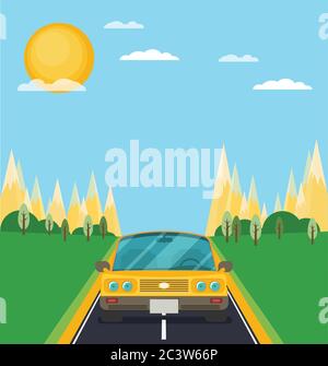 Bild des Autos auf der Straße mit Stadt Silhouette auf dem Hintergrund, flache Stil Illustration Stock Vektor
