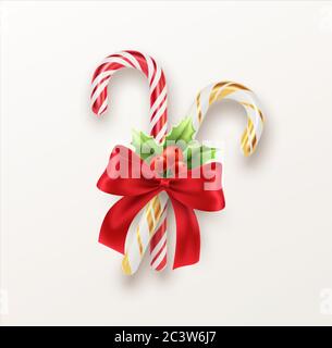 Realistischer Weihnachtsbonbon Stock mit roter Schleife und ein Zweig von Weihnachten Stechpalme isoliert auf weißem Hintergrund. Vektorgrafik Stock Vektor