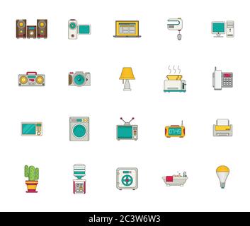 Haushaltsgeräte und Dinge, Symbolsatz. Vektor flach Stock Vektor