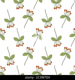 Retro Nahaufnahme Nahtloses Muster mit roten Beeren und grünen Blättern. Vektor-Doodle Hintergrund. Herbstliche Blumenkulisse. Stoff, Geschenkpapier, Tapete, Drucktextur. Stock Vektor