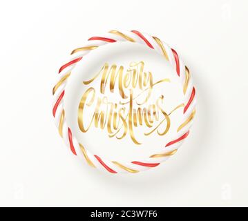 Weihnachtsbonbon gestreiften roten, goldenen und weißen runden Rahmen mit einer goldenen Inschrift Frohe Weihnachten. Vektorgrafik Stock Vektor