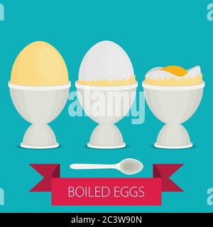 Vektor Frühstück weich gekochte Eier Illustration, einfaches flaches Design mit Banner und Text Stock Vektor