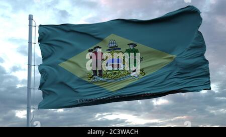 Flagge von Delaware winkt im Wind gegen tief schönen Wolken Himmel. 3d-Rendering Stockfoto